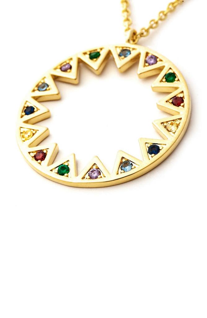 Rivka Friedman 18K Yellow Gold Clad Rainbow Crystal Open Sun Circle Pendant Necklace