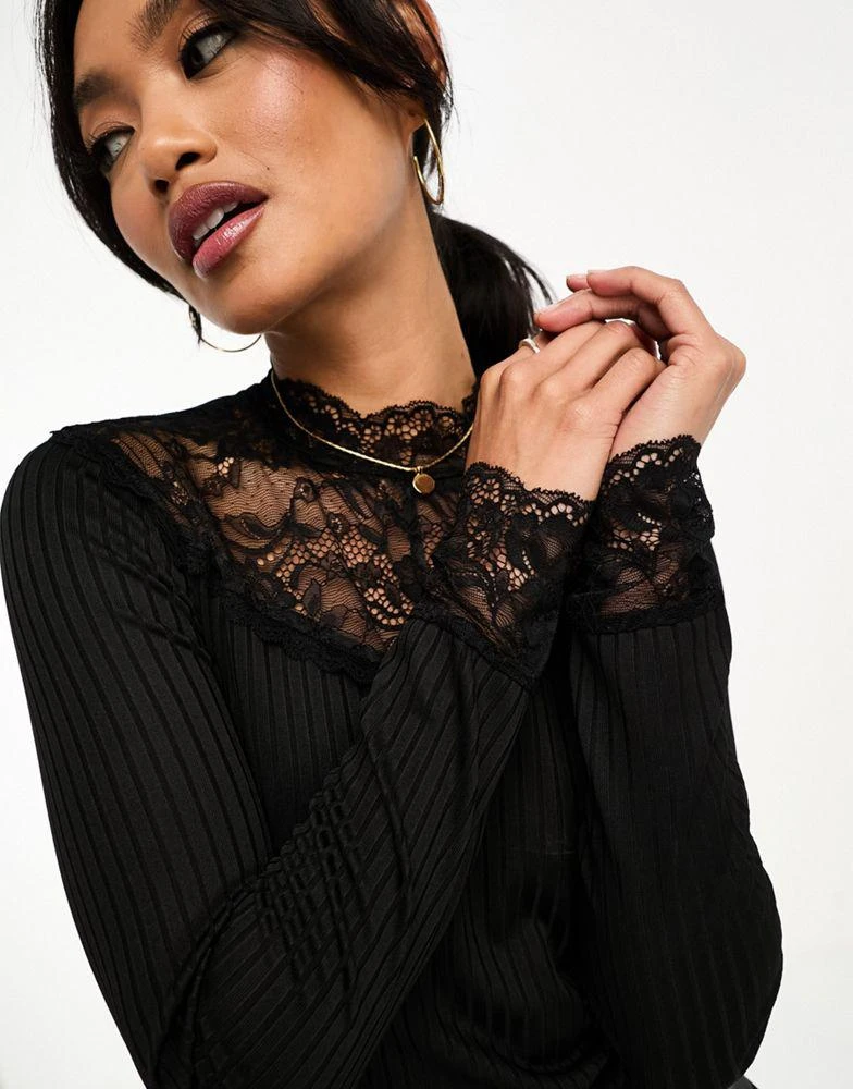 Y.A.S. YAS lace insert long sleeve top in black  - BLACK 3