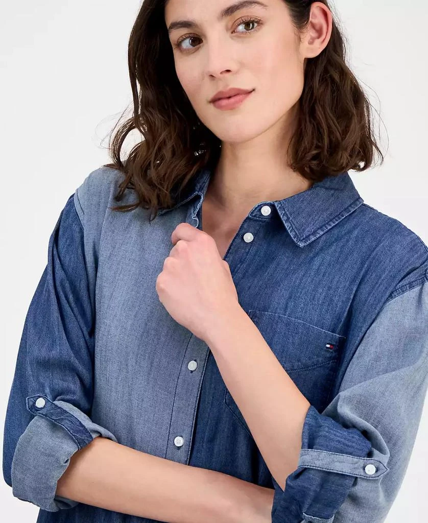 knee length dresses for ladies Alexa Two Toned Chambray Long Sleeve Shirt Dress