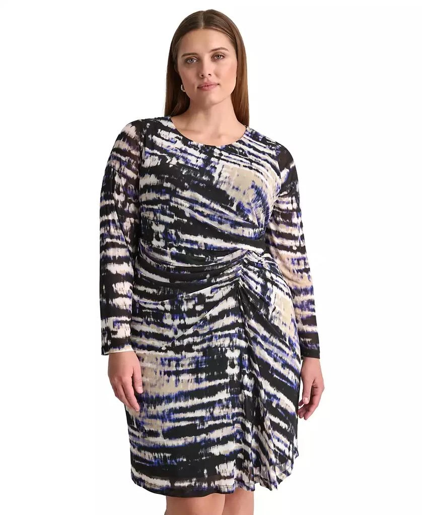 DKNY Plus Size Printed Side-Ruched Long-Sleeve Mesh Dress 4