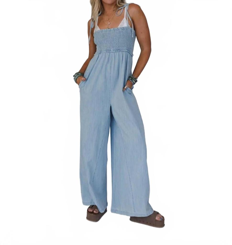 three bird nest Light Washed Smocked Cotton Jumpsuit In Blue