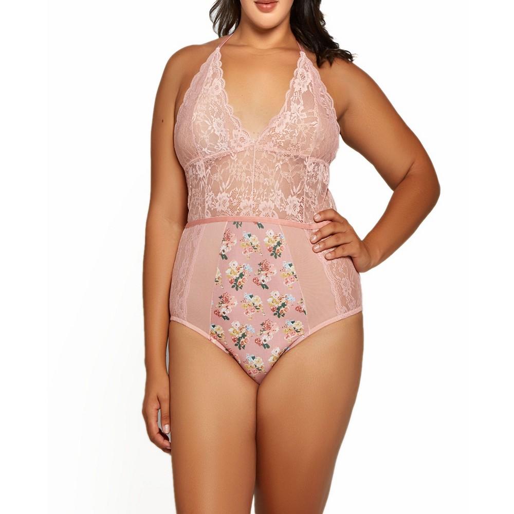 iCollection Plus Size Phoeny Galloon Lace and Floral Satin Lingerie Bodysuit