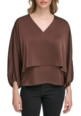 Calvin Klein Klein Womens V Neck Satin Back Crepe Popover Blouse 5