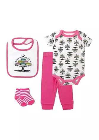Tendertyme Baby Girls Macaron 4 Piece Box Set, Includes Bodysuit, Pant, Socks and Bib