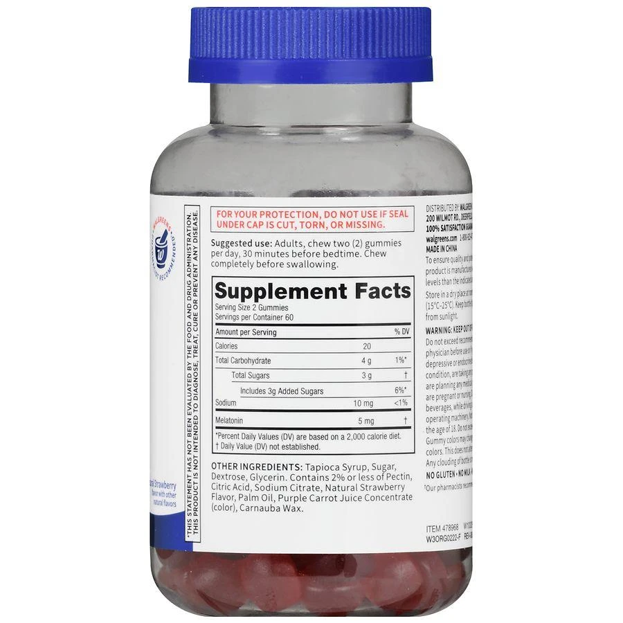 Walgreens Free & Pure Melatonin 5 mg Gummies (60 days) Natural Strawberry 4