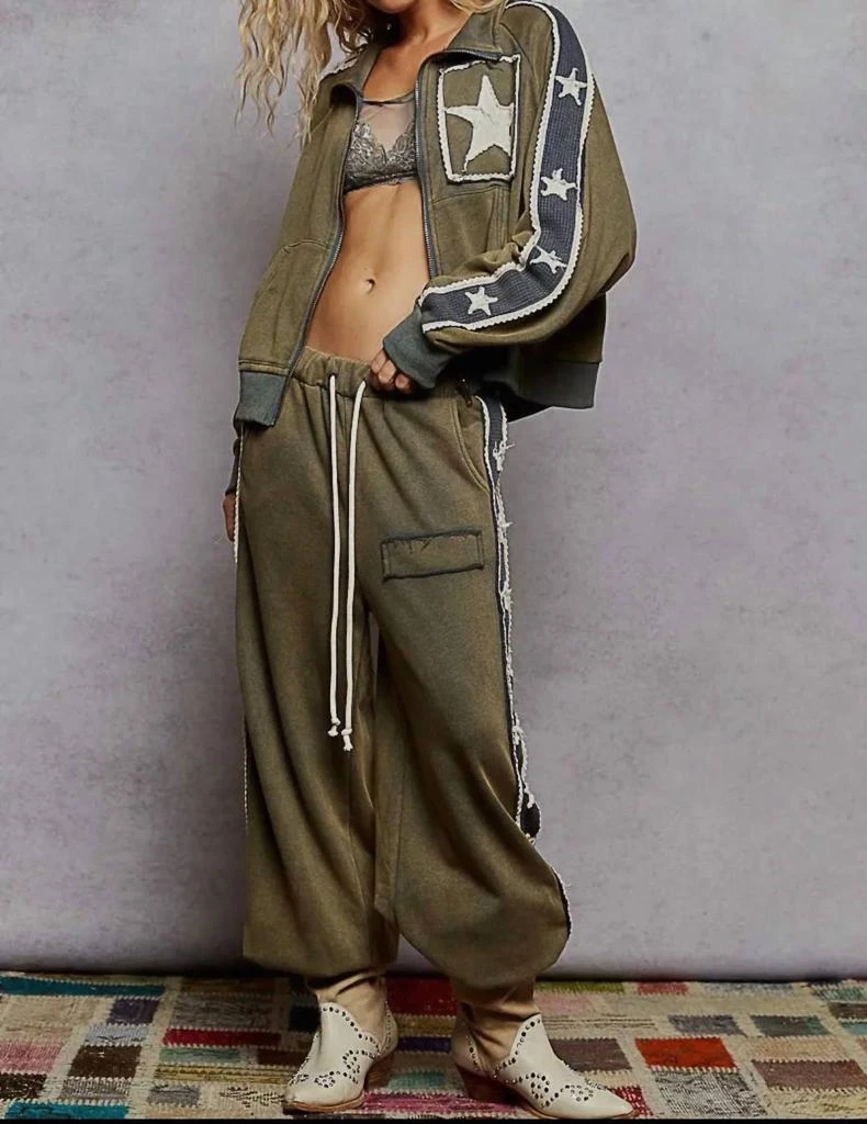 POL French Terry Star And Striped Jacket And Jogger Set In Washed Green