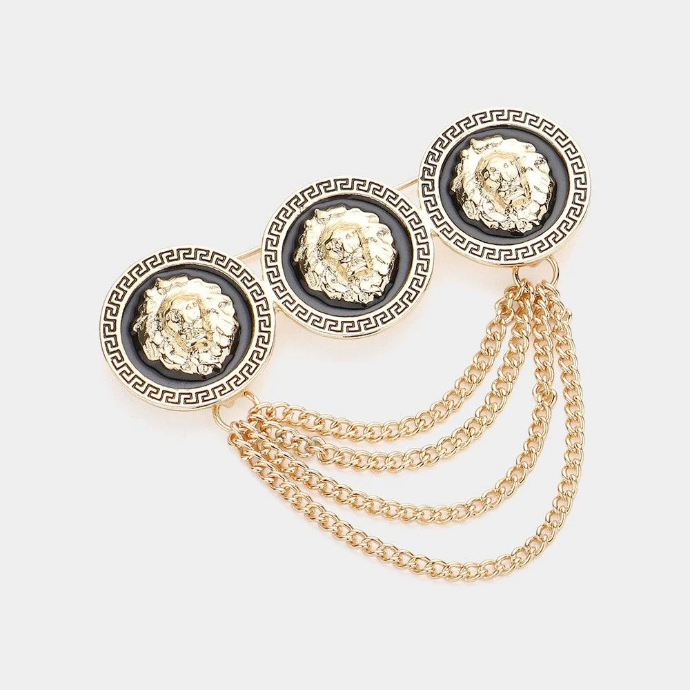 FASHNZFAB Triple Lion Head Pointed Chain Pin Brooch
