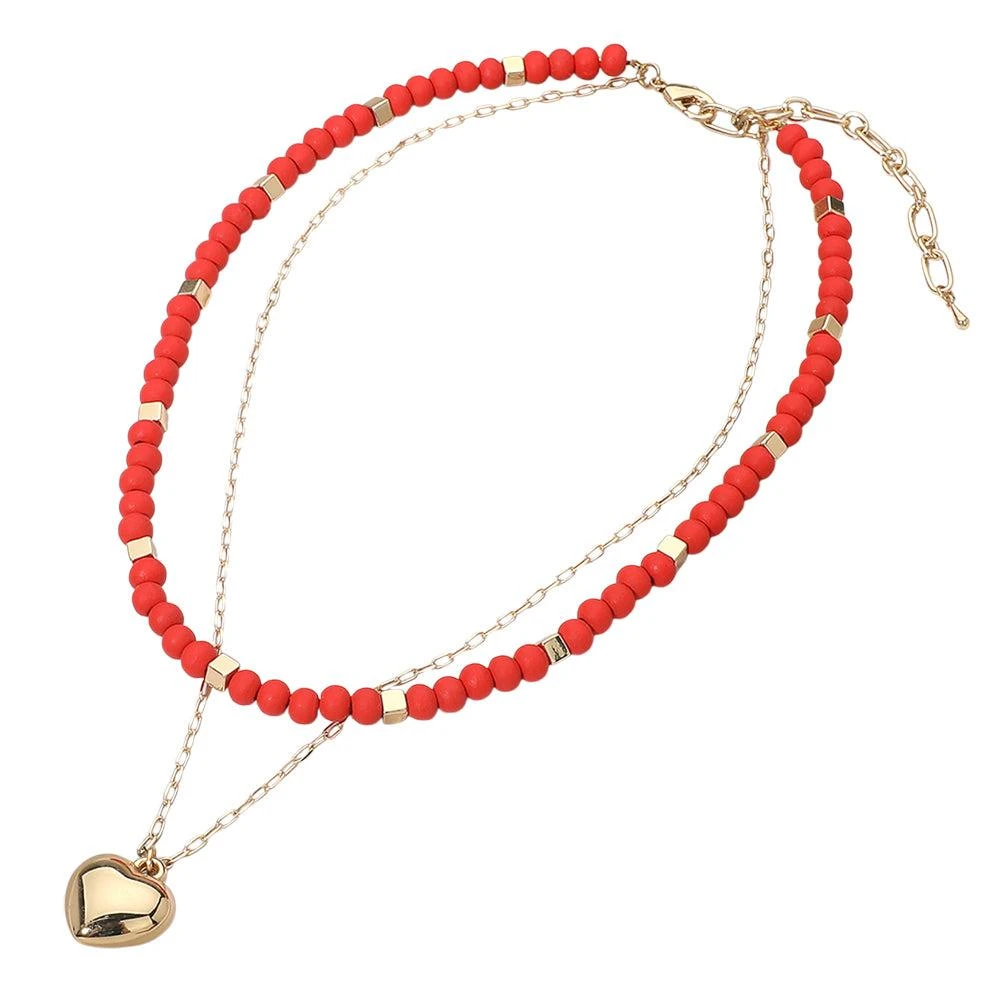 FASHNZFAB Puffy Metal Heart Pendant Accent Wooden Ball Beaded Layered Necklace 2