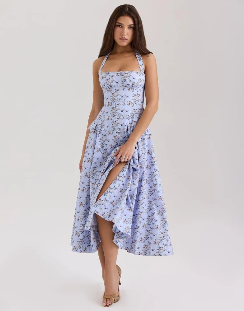 House of CB House of CB Claudia stretch cotton halter neck midi dress in blue floral print 1