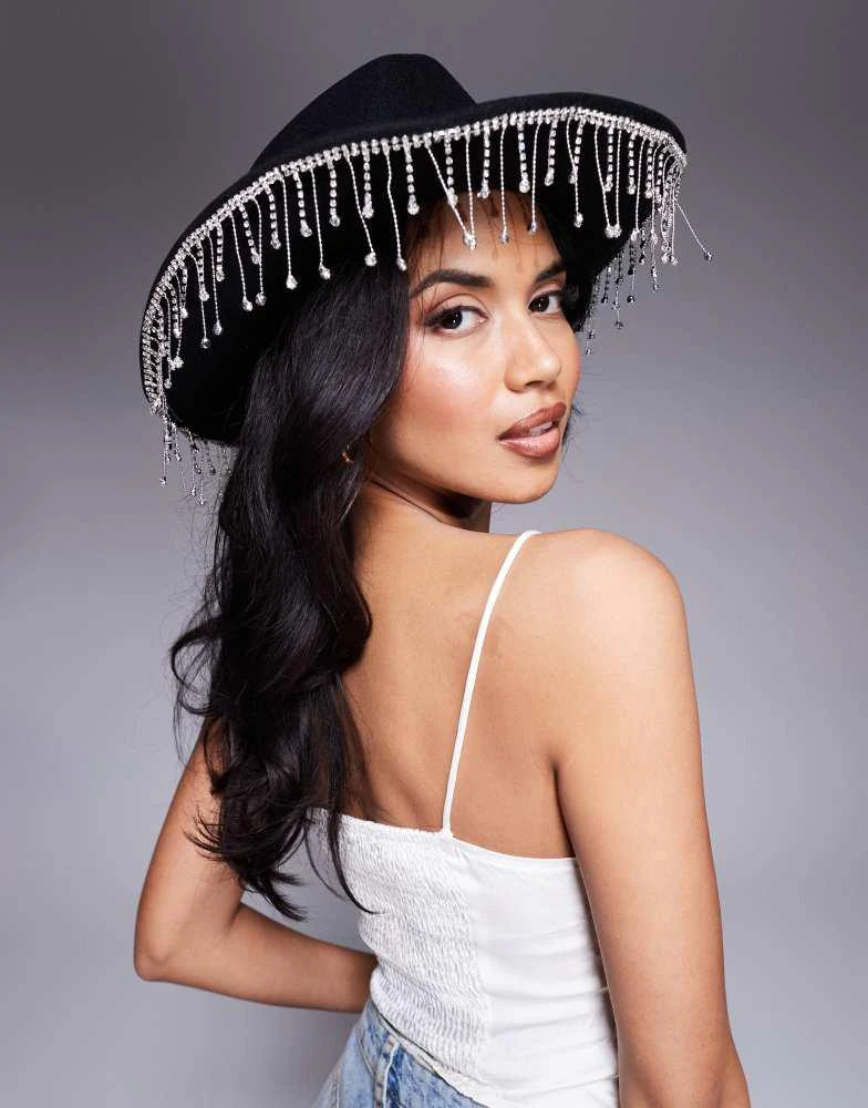 ASOS ASOS DESIGN cowboy hat with diamante fringe in black 3