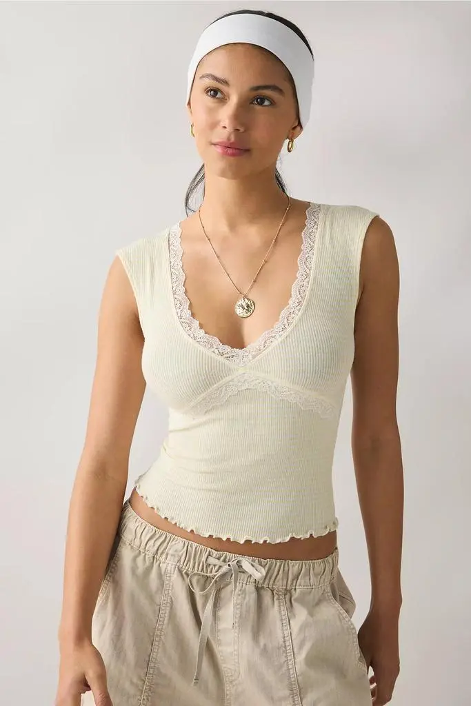 Out From Under Out From Under Diana Plunging Lace Trim Cap Sleeve Top