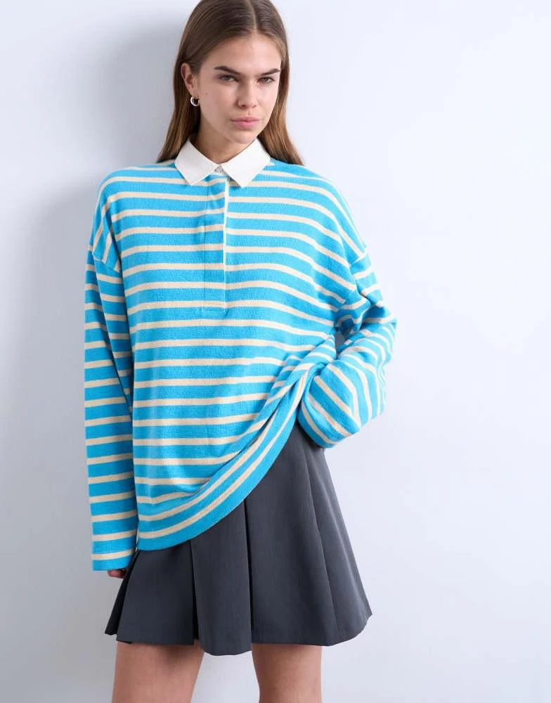 Topshop Topshop towelling stripe long sleeve polo in blue