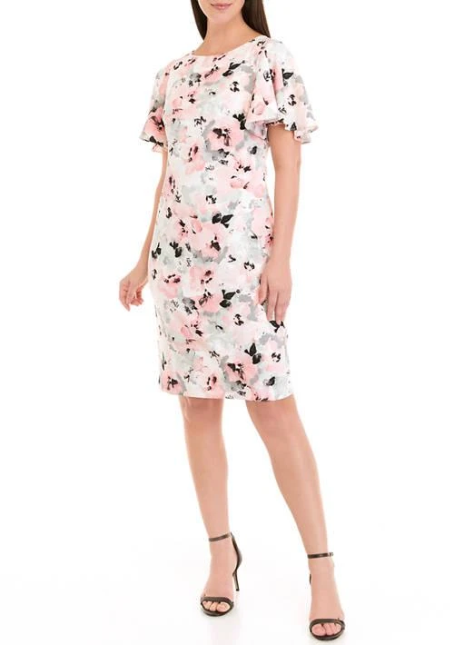 Kasper Womens Flutter Sleeve Print Sheath Dress 1