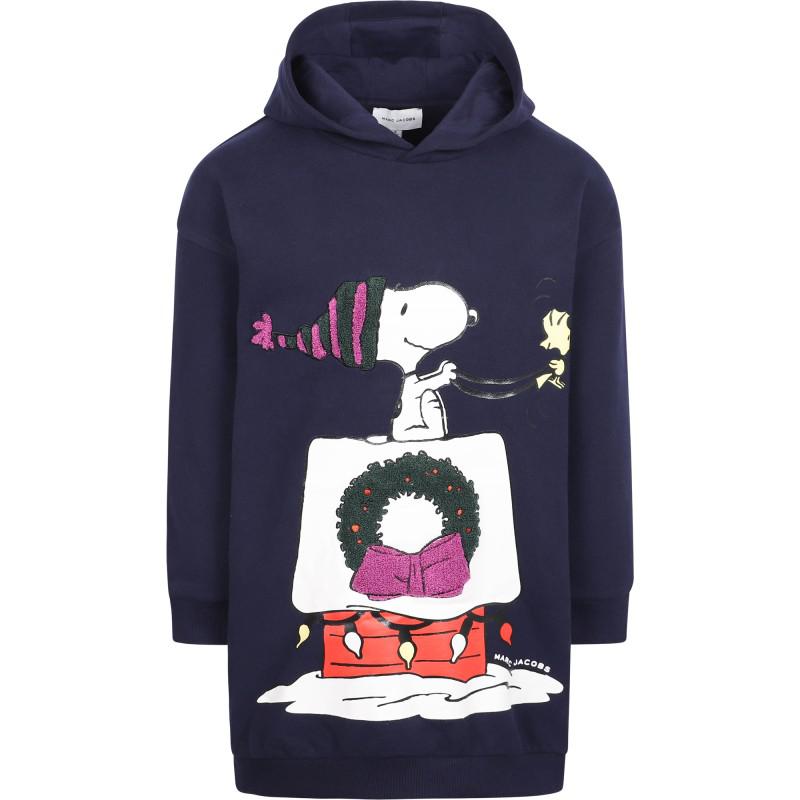 Marc Jacobs Snoopy christmas hooded sweatshirt dress with side pockets in navy