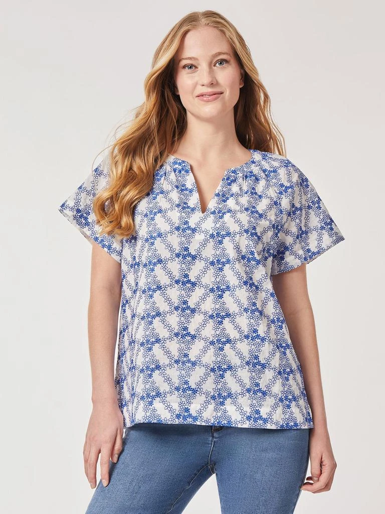 JONES NEW YORK Popover Floral Embroidery Short Sleeve Blouse 1
