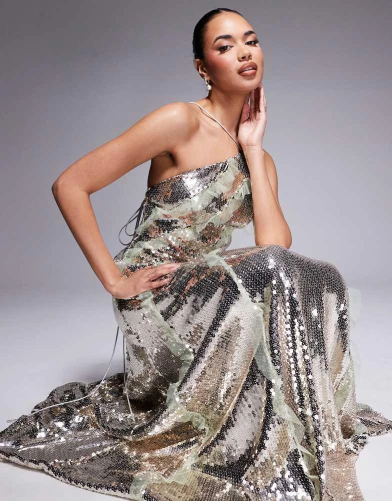 ASOS ASOS DESIGN halter neck sequin maxi dress in silver sequin with mesh ruffle inserts in silver 2