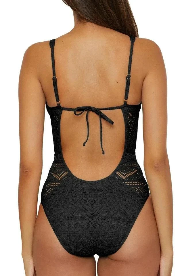 Becca Color Play Swimsuits Women's  Black Crochet Plunge One Piece RED301 3