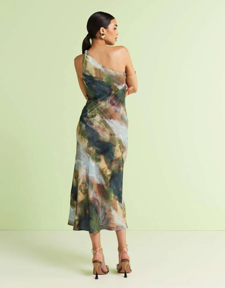 & Other Stories & Other Stories one shoulder satin midi dress with twisted strap detail in watercolour print 4