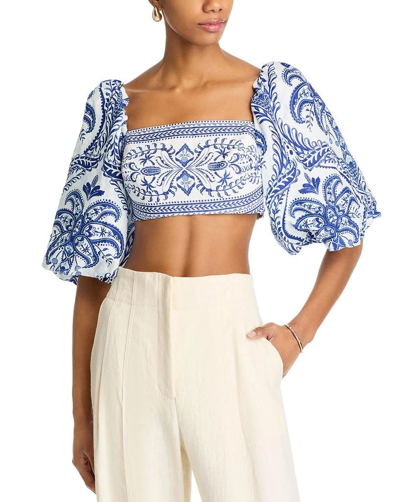 Farm Rio Linen Balloon Sleeve Cropped Top 1