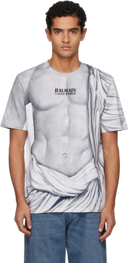 Balmain Gray Statue Print Logo T-shirt 1