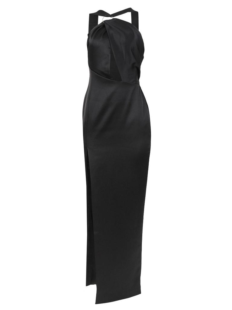 RASARIO Draped Satin Asymmetric Cut-out Gown With Ring
