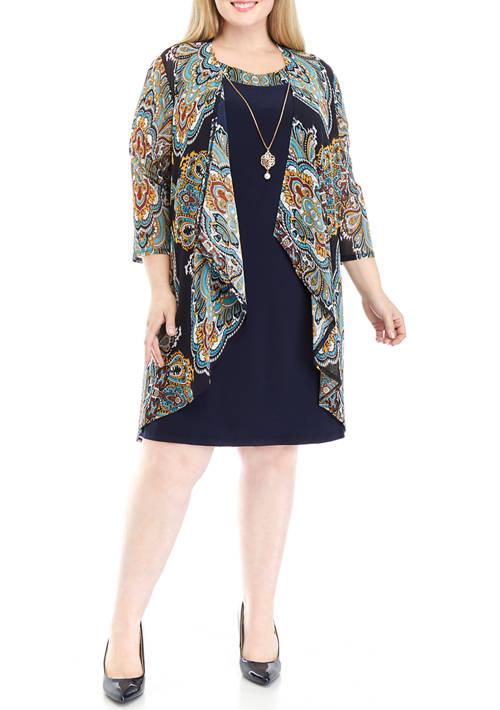 Rabbit Rabbit Rabbit Plus Size 3 4 Sleeve Paisley Print Jacket Dress With Removable Necklace