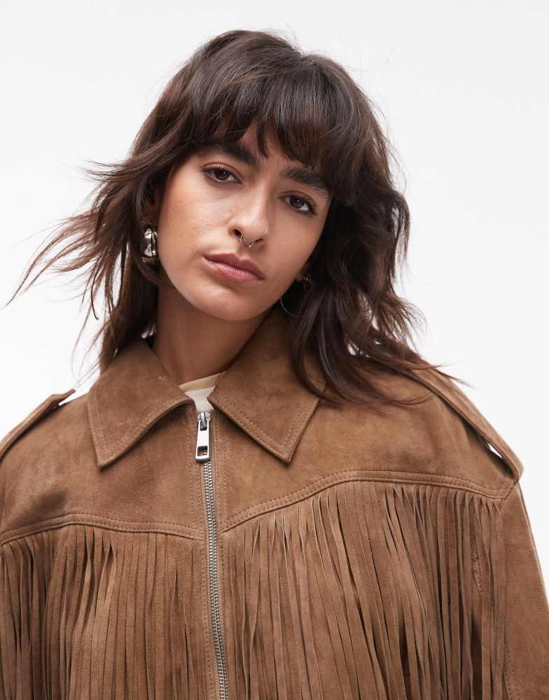 Topshop Topshop Premium real suede fringe jacket in sand