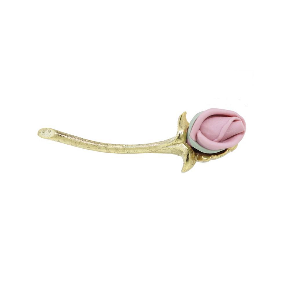 2028 Gold-Tone Pink Long Stem Genuine Porcelain Rose Pin