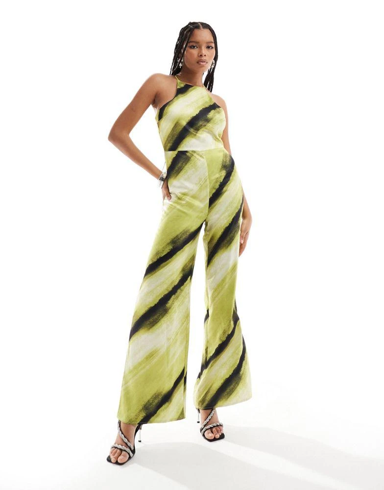 ASOS ASOS DESIGN satin racer wide leg jumpsuit in green abstract print 1