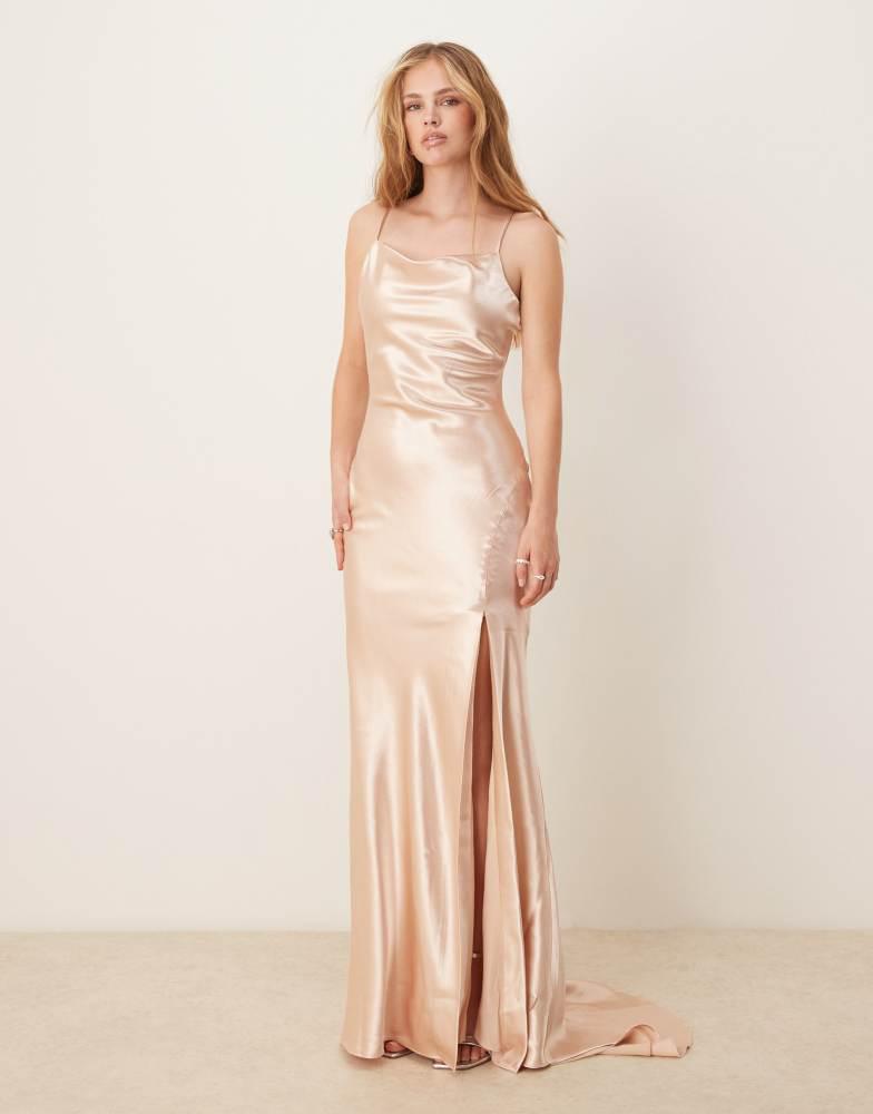 True Decadence True Decadence V neck midi dress in champagne satin