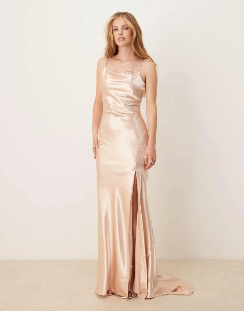 True Decadence True Decadence V neck midi dress in champagne satin 1