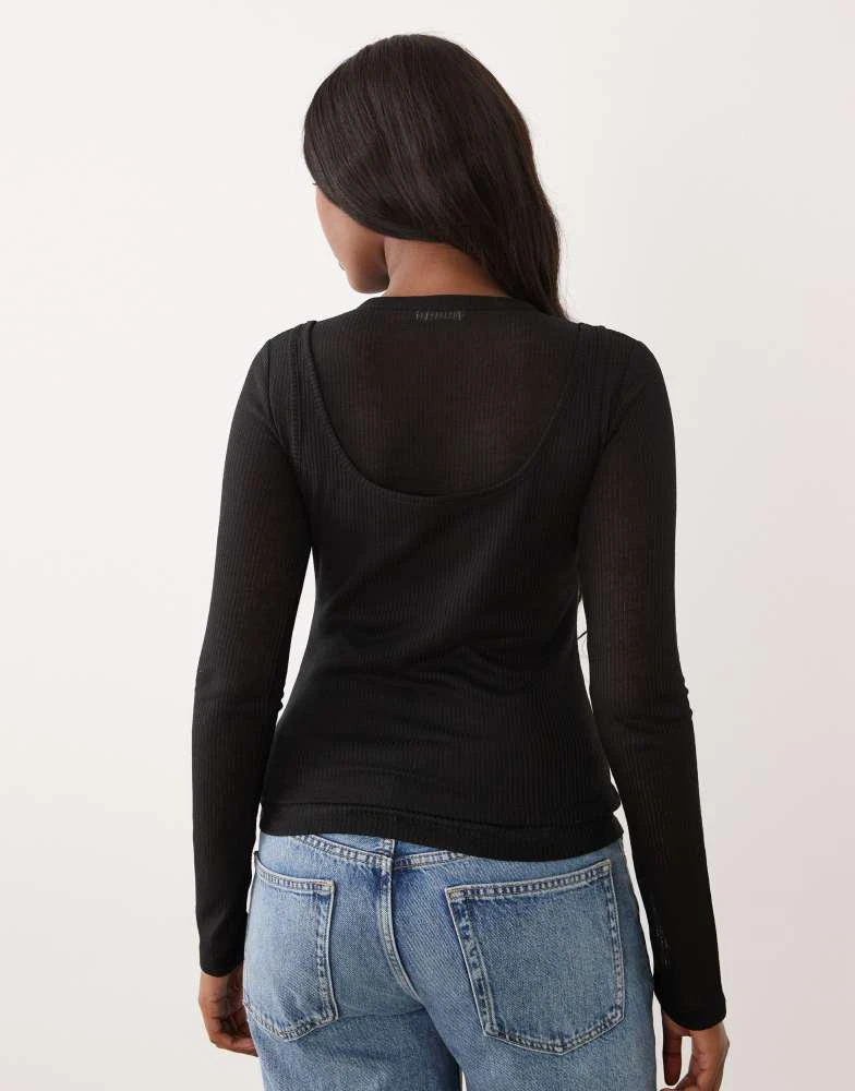 ASOS ASOS DESIGN sheer ribbed long sleeve double layer top in black 4