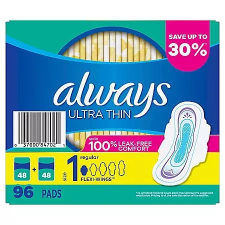 Always Always Ultra Thin Regular Pads with Flexi-Wings, Unscented, Size 1, 96 ct. 7