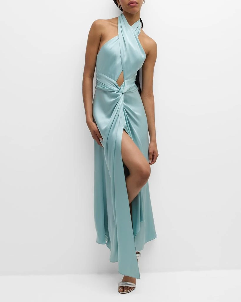 LAPOINTE Plunging Halter Draped Open-Back Satin Maxi Dress 7