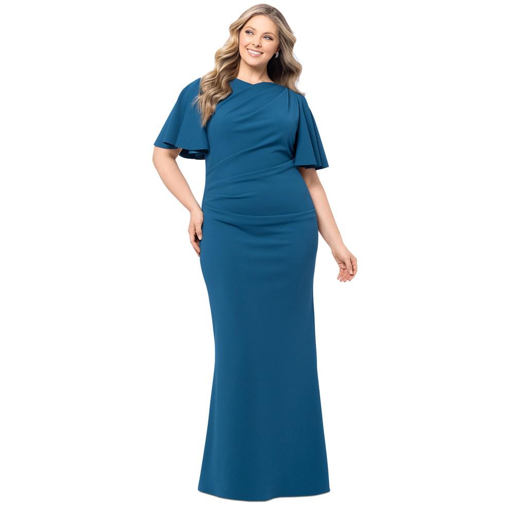 Betsy & Adam Plus Size Gathered Flutter-Sleeve Gown