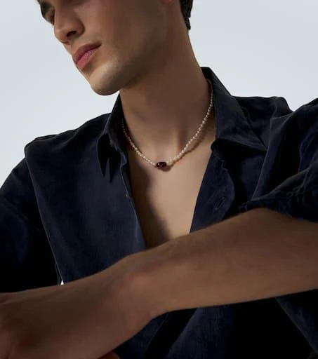 Ileana Makri 9kt gold (375/1000) beaded necklace with freshwater pearls and hessonite 2