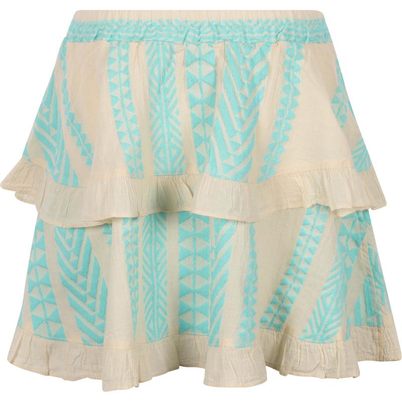 Devotion Geometric print ruffled skirt in off white and turquoise