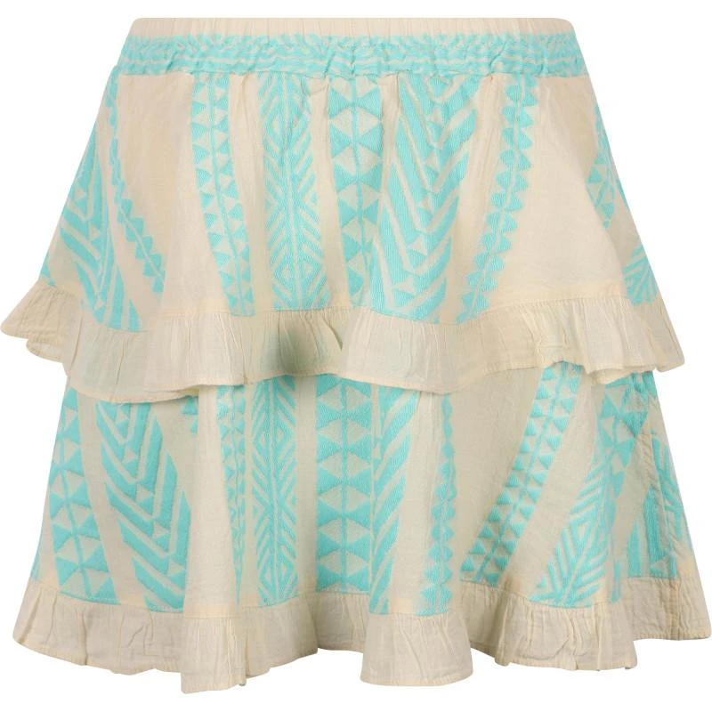 Devotion Geometric print ruffled skirt in off white and turquoise 2