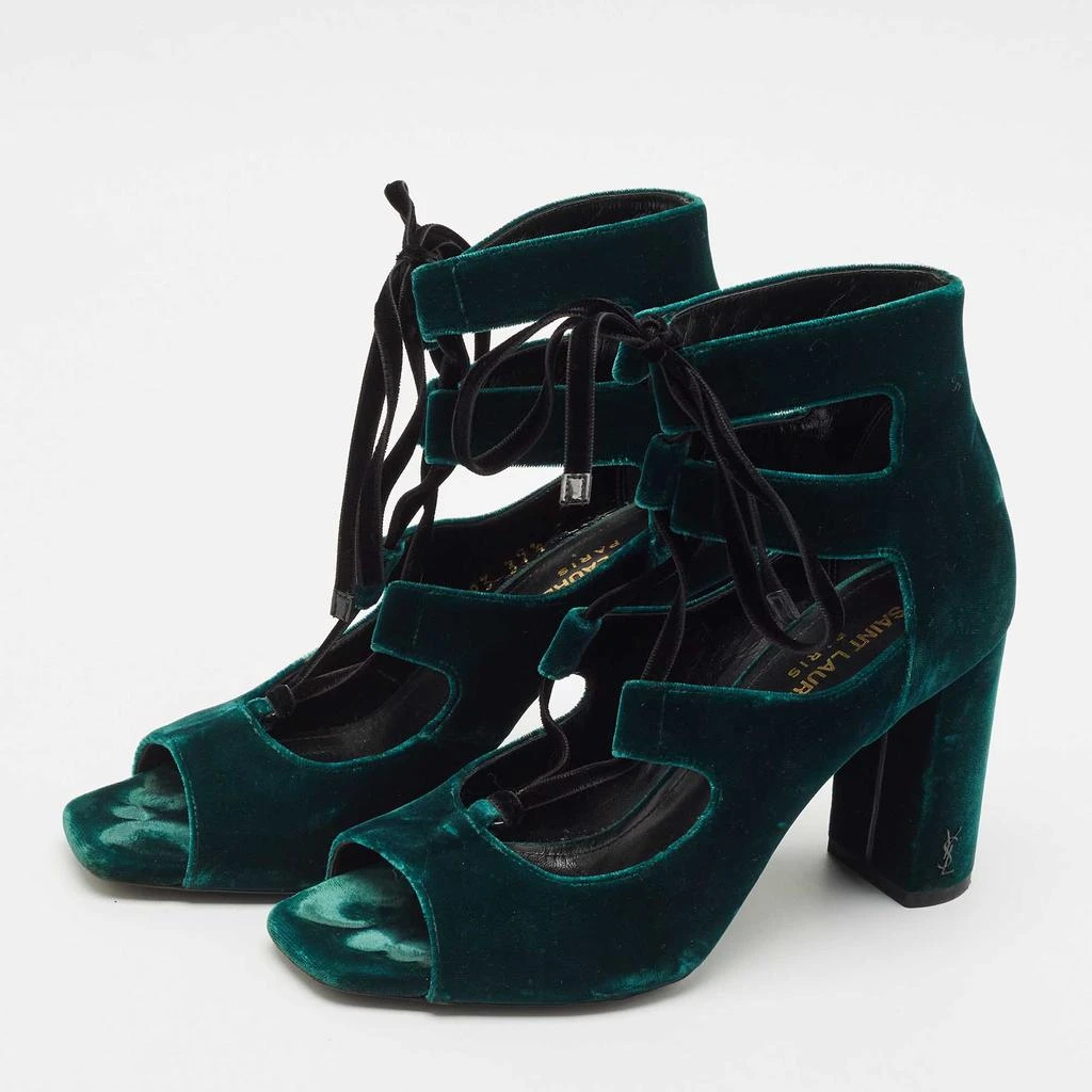 Yves Saint Laurent Saint Laurent Dark Green Velvet Loulou Open Toe Lace Up Block Heel Pumps Size 37.5 2