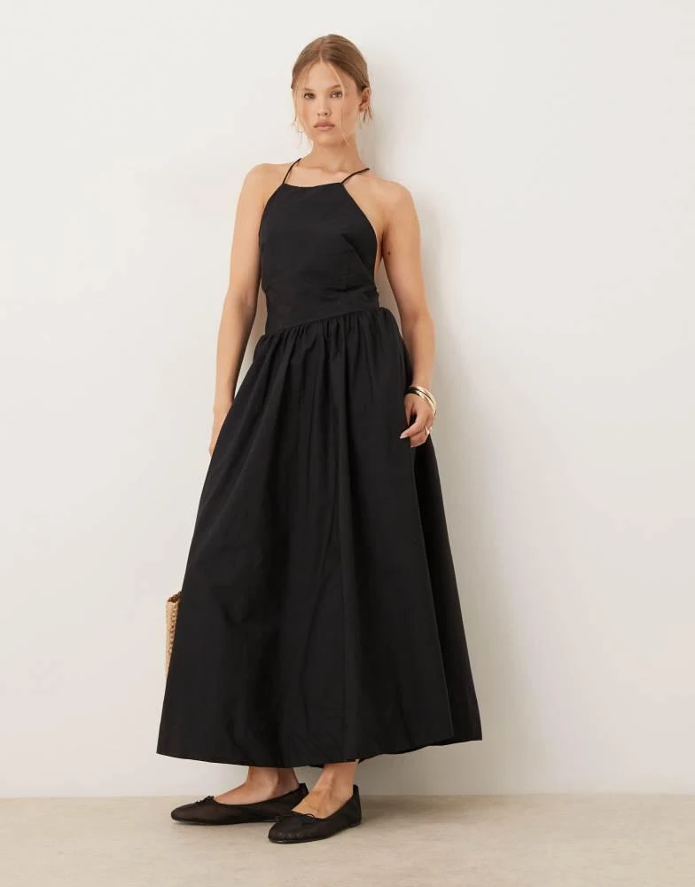 high neck drop waist midi dress Parida Cream Poplin Drop-Waist Midi Dress With Peplum Hem – Club L London
