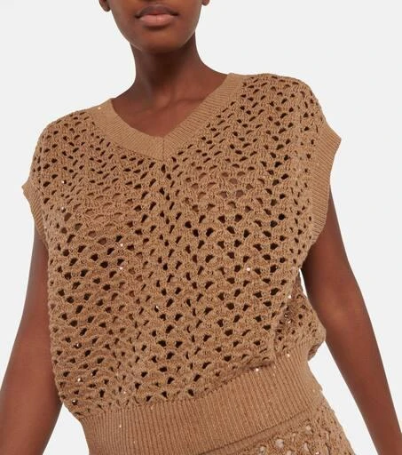 Brunello Cucinelli Open-knit cotton, linen and silk top 5