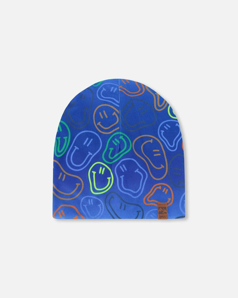 Deux par Deux Stretch Jersey Beanie Blue Printed Smileys