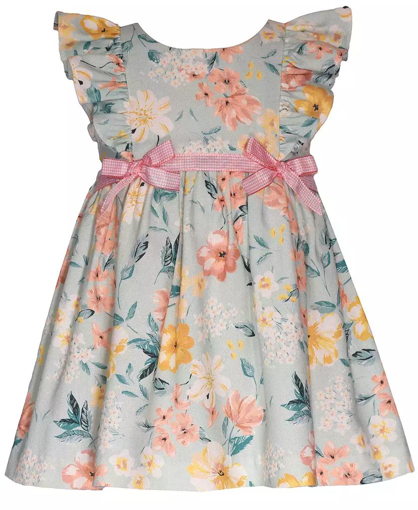 Bonnie Baby Baby Girls Floral Dress with Pinafore Ruffles and Ribbon Trim