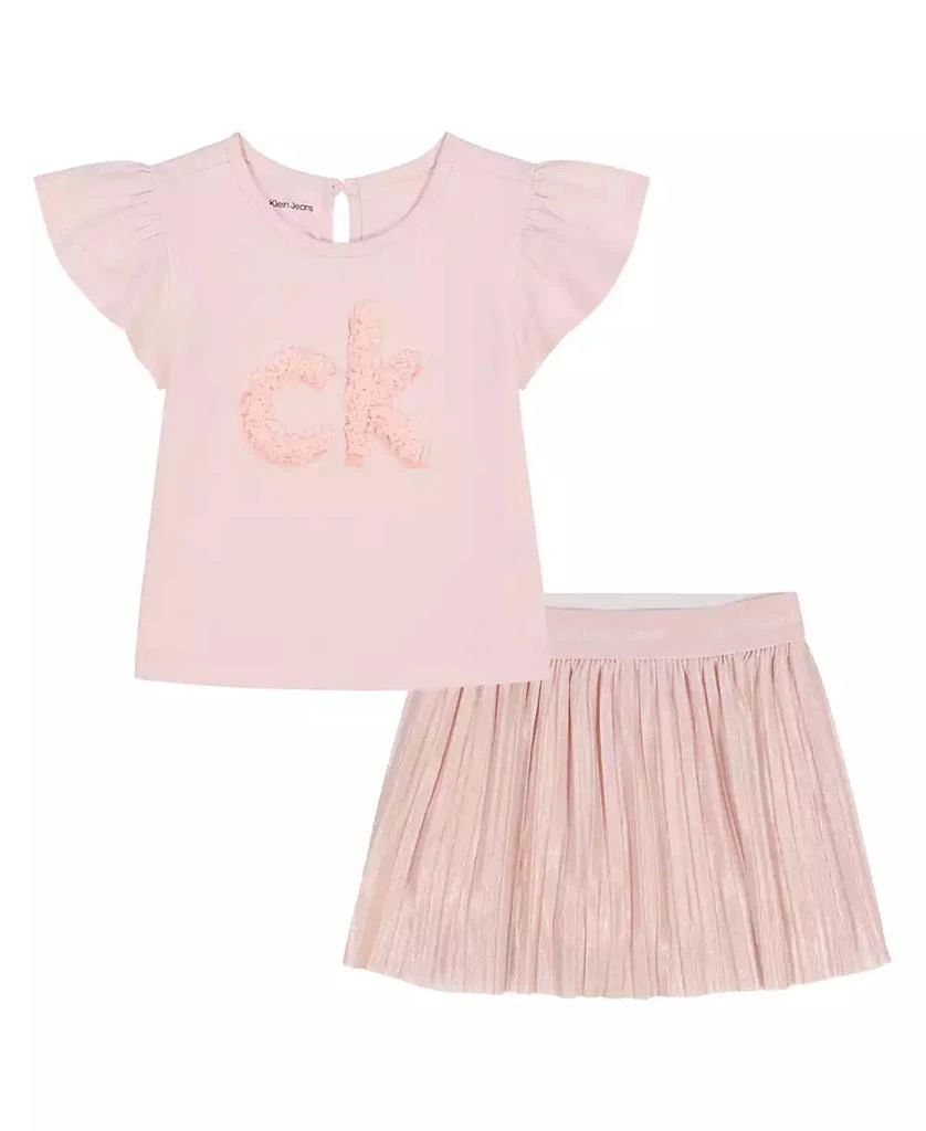 Calvin Klein Toddler and Little Girls 2-Piece Rosette Logo Flutter Sleeve Top Metallic Micropleat Skort Set 1