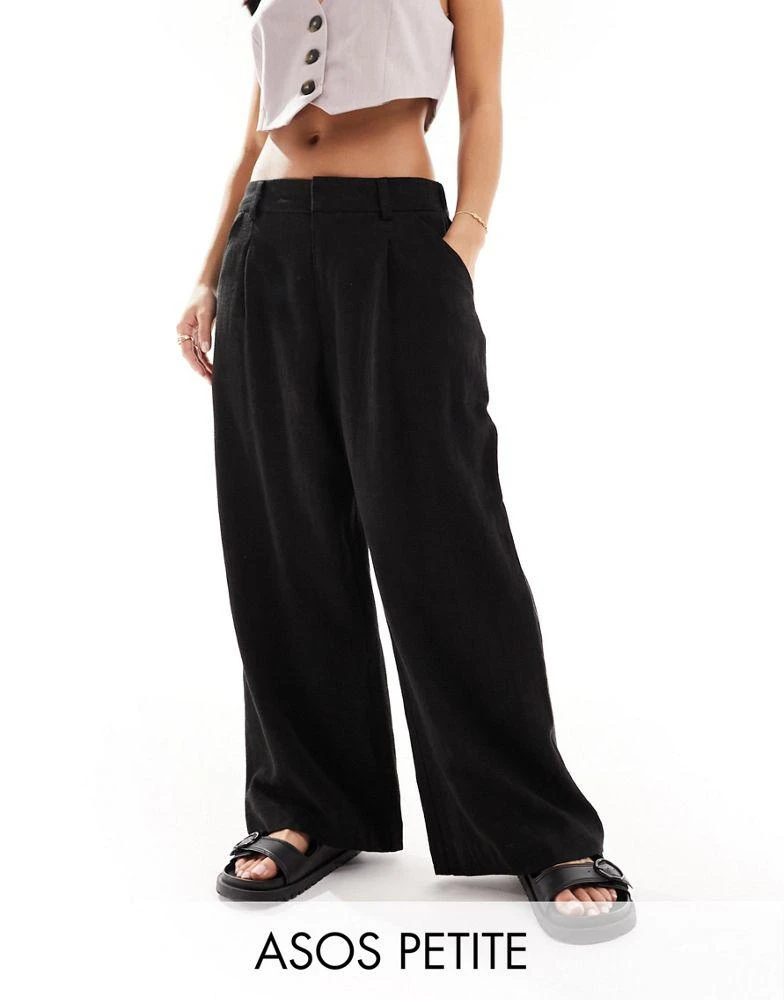 ASOS ASOS DESIGN Petite relaxed straight leg trousers with linen in black 1