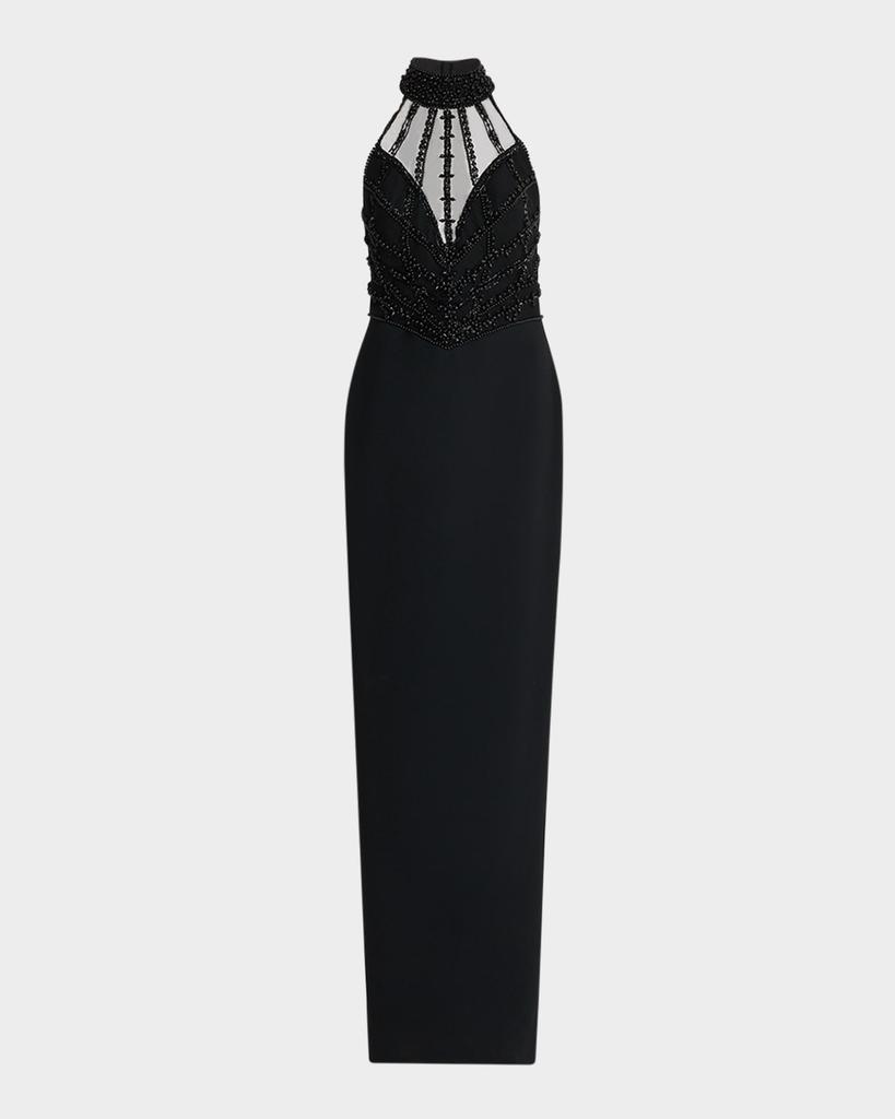 Pamella Roland Embroidered Crepe Halter Illusion Gown
