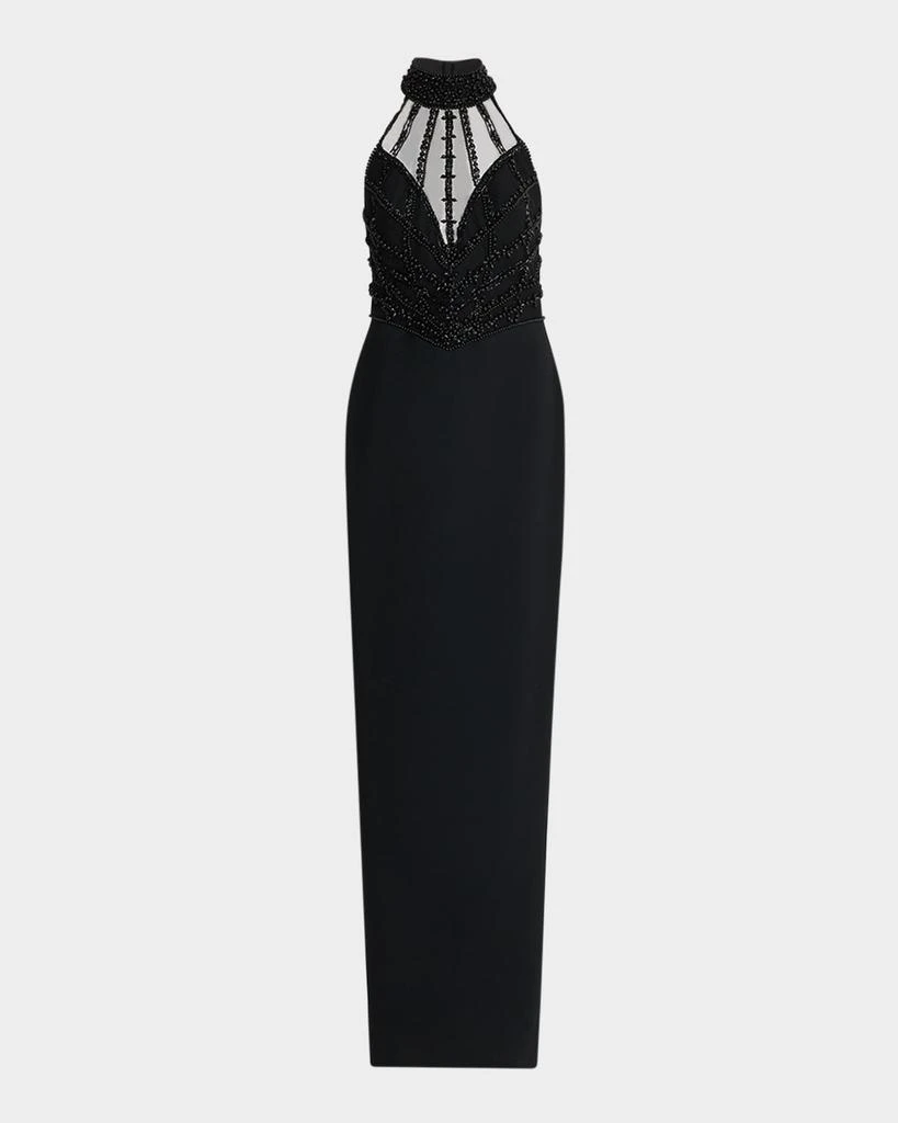 Pamella Roland Embroidered Crepe Halter Illusion Gown 1