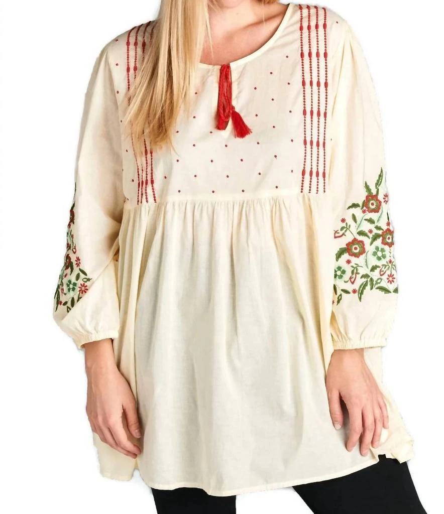 Velzera Floral Embroidered Peasant Dress In Cream 1