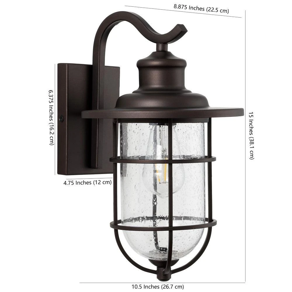 JONATHAN Y Westfield 10.5" 1-Light Iron/Seeded Glass Rustic Industrial Cage LED Outdoor Lantern 4