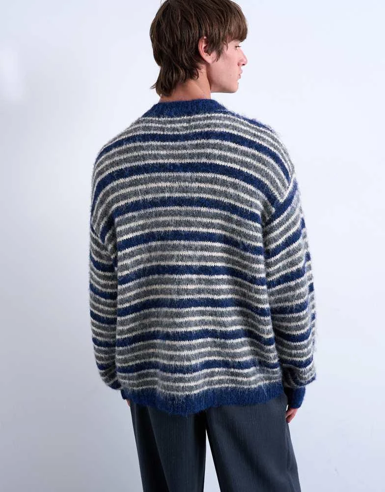 Topman Topman fluffy stripe crew cardigan in blue 5